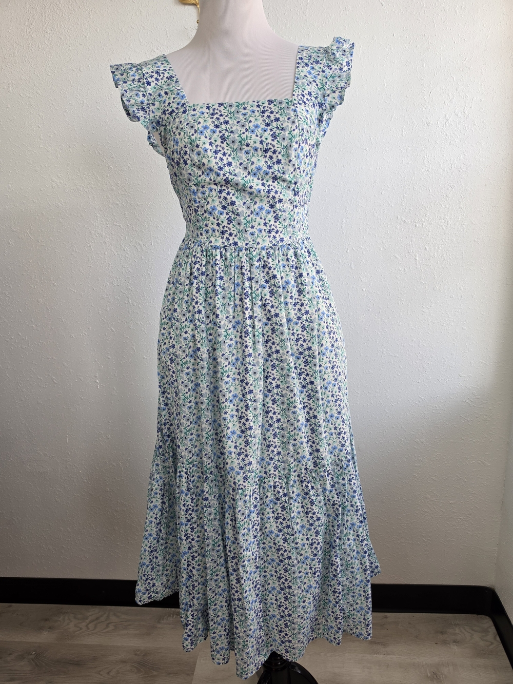 J.Crew Floral Tie Back Midi Dress Size 00 NWT Ruffle Sleeve Blue Green